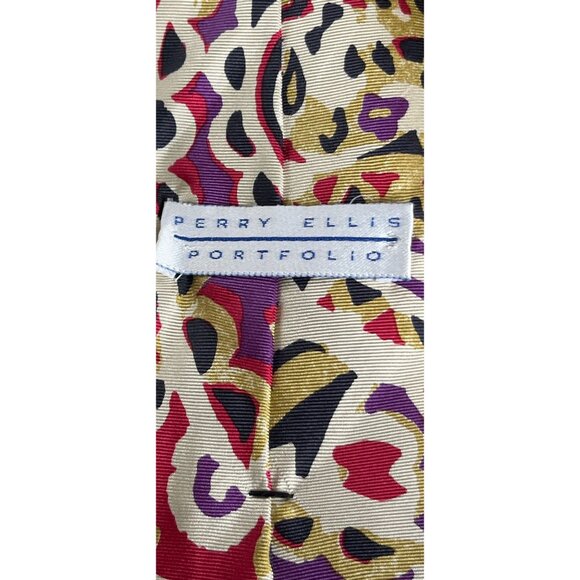 Vtg 1970's Perry Ellis Portfolio All Silk Tie Abstract Paisley Purples Red Beige - Picture 4 of 6